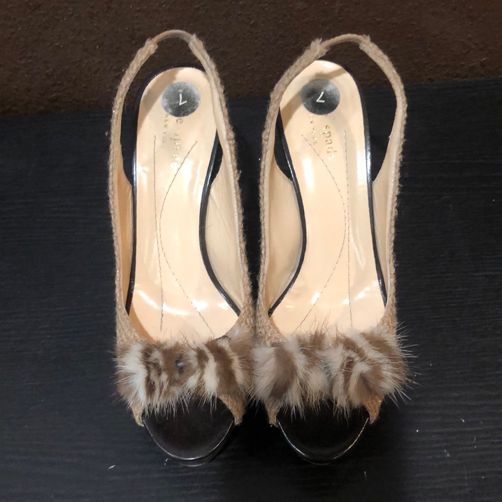 Kate Spade sling back platform sandals with faux fur.